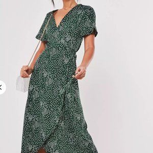 Green polka dot wrap midi dress